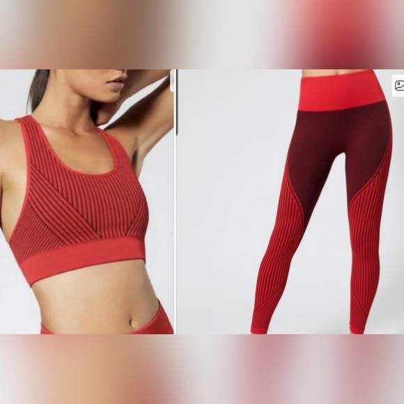 Alala Pants - 2 Pc ALALA Seamless Sports Bra & Leggings Set Bright & Dark Red Stripes
